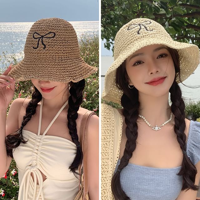 Straw Hat Embroidered Bow Sun