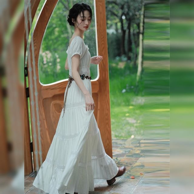 Crew Neck Short-Sleeve Solid A-Line Maxi Dress