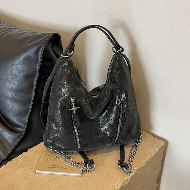 Backpack Plain Zipped Leather Chain Strap Faux