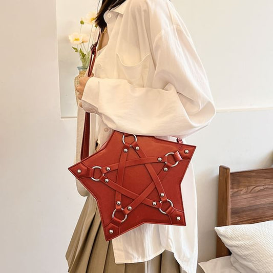 Crossbody Studded Leather Bag Star Faux Shape