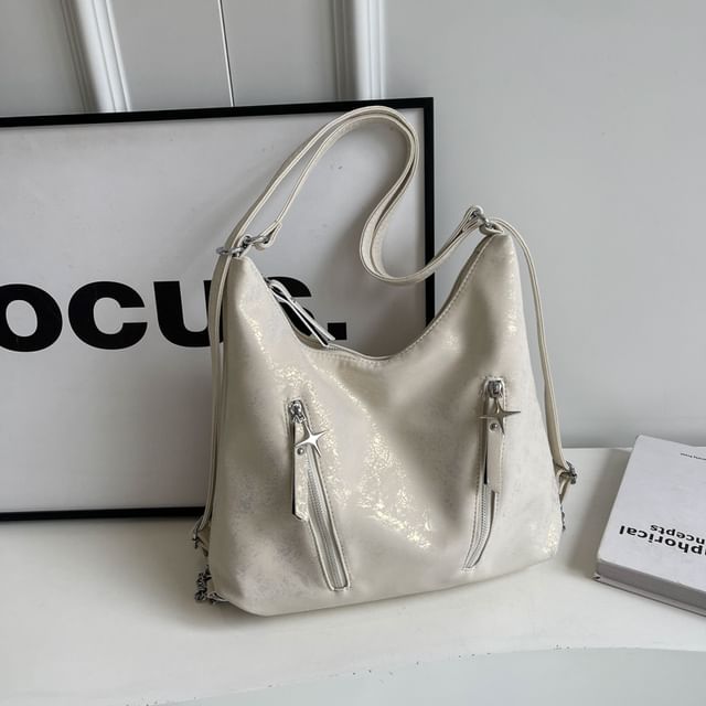 Backpack Plain Zipped Leather Chain Strap Faux