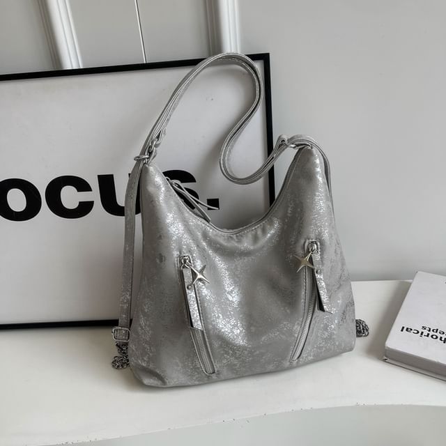 Backpack Plain Zipped Leather Chain Strap Faux