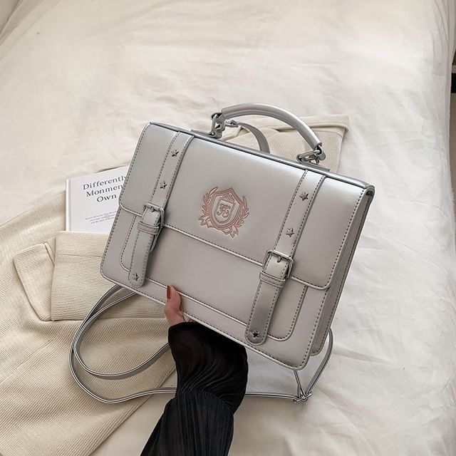 Faux Embroidered Satchel Studded Backpack Leather