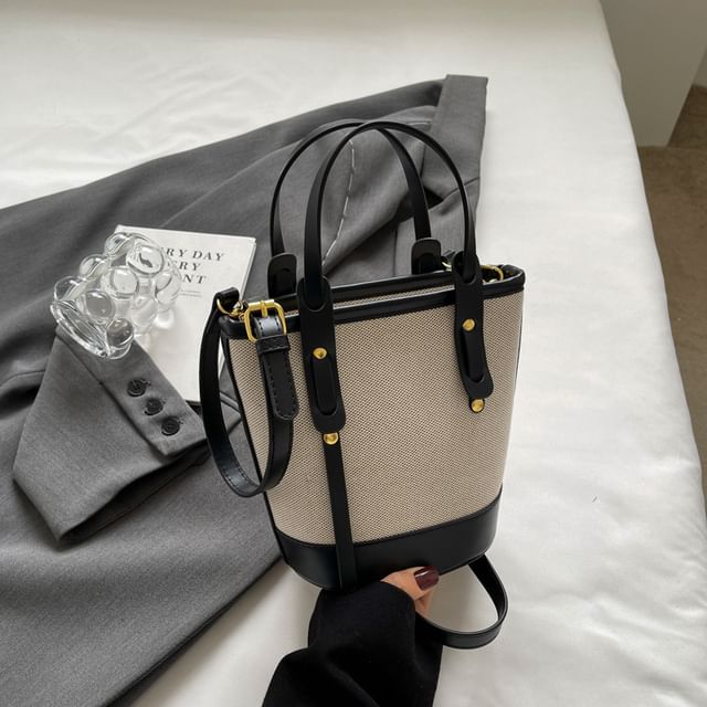 Bucket Leather Two Bag Faux Canvas Panel Tone