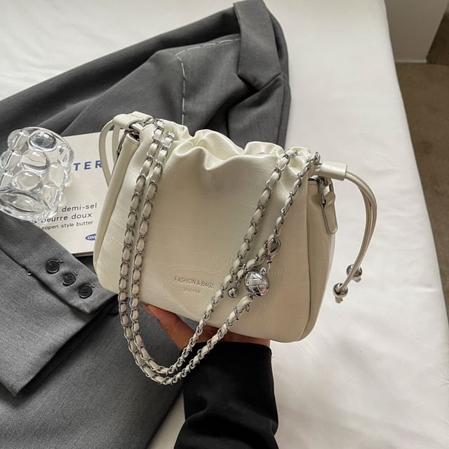 Drawstring Crossbody Chain Bag Leather Faux Strap