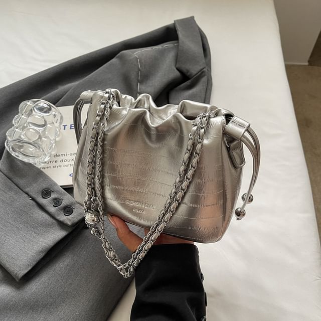Drawstring Crossbody Chain Bag Leather Faux Strap