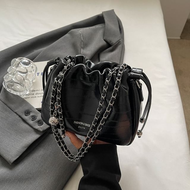 Drawstring Crossbody Chain Bag Leather Faux Strap