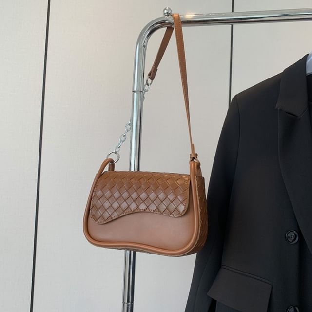 Faux Plain Flap Woven Leather Bag Crossbody