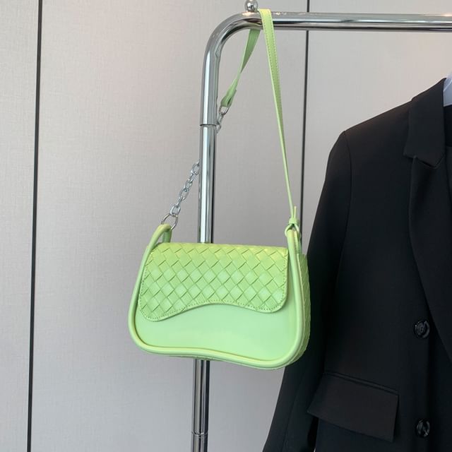 Faux Plain Flap Woven Leather Bag Crossbody