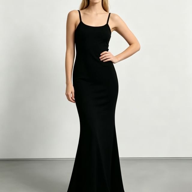 Scoop Neck Spaghetti Strap Solid Mermaid Maxi Dress