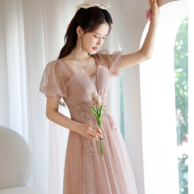 (Various A-Line Short-Sleeve Evening Designs) Rhinestone Gown Mesh