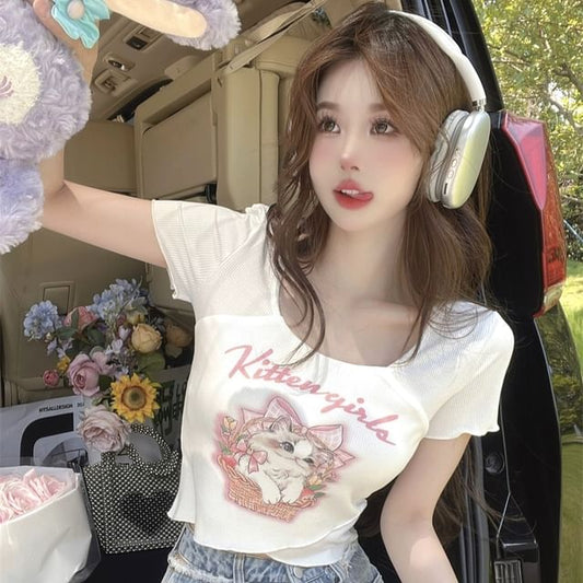 Print Neck Short-Sleeve Cartoon Lettering Square Tee