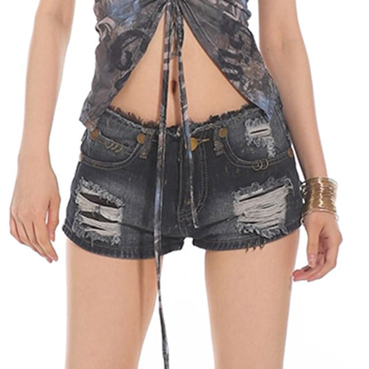 Mid Rise Washed Distressed Denim Shorts