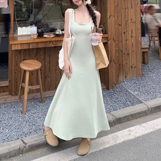 Square Neck Sleeveless Solid A-Line Tank Maxi Dress