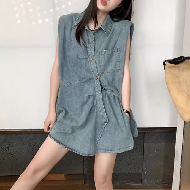 Sleeveless Collared Washed Ruched Shoulder Pad Denim Shirt / High Waist Denim Shorts