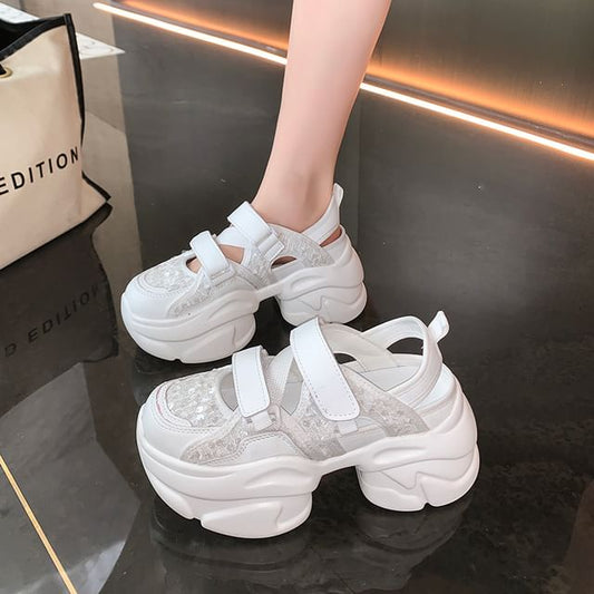Adhesive Sequin Sneaker Sandals Strap Platform Mesh