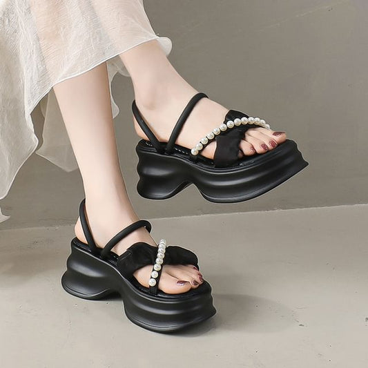 Sandals Accent Strap Ruched Cross Pearl Faux Platform