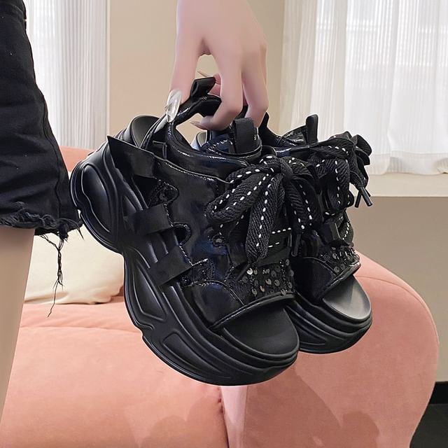 Lace-Up Platform Slingback Sandals Sequin