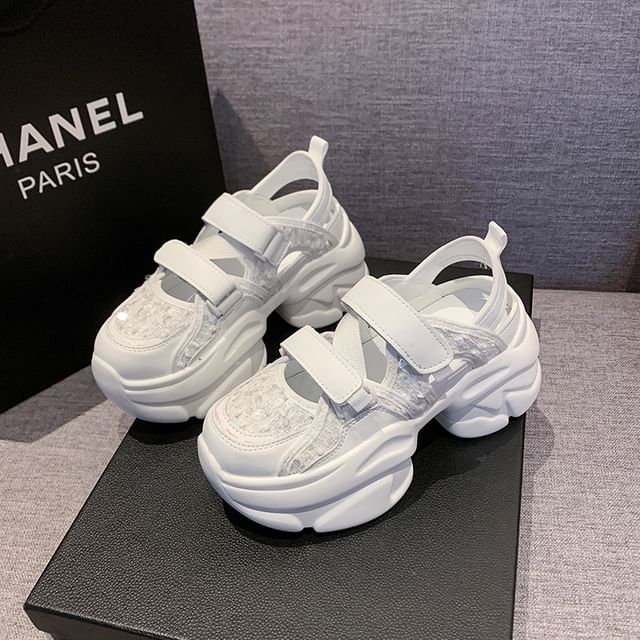 Adhesive Sequin Sneaker Sandals Strap Platform Mesh