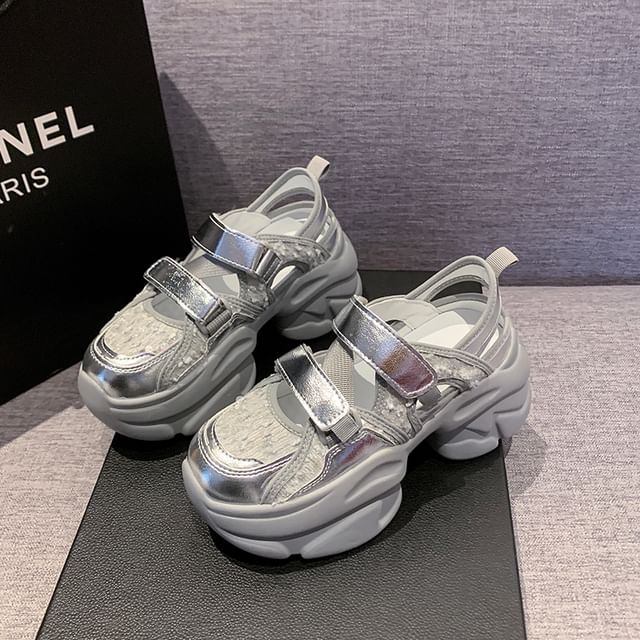 Adhesive Sequin Sneaker Sandals Strap Platform Mesh