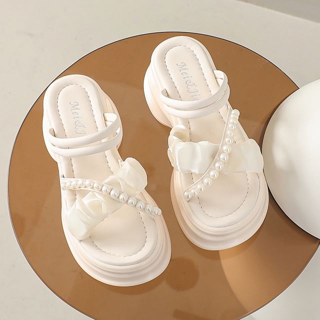 Sandals Accent Strap Ruched Cross Pearl Faux Platform