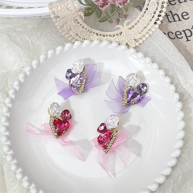 Heart-Shaped Organza Rhinestone With Earrings Bow