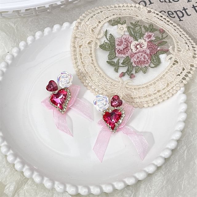 Heart-Shaped Organza Rhinestone With Earrings Bow