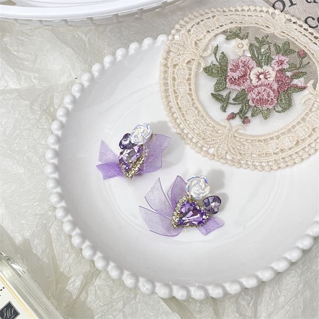 Heart-Shaped Organza Rhinestone With Earrings Bow