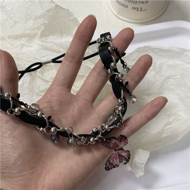 Crystal Butterfly Chain Thigh Faux Leather