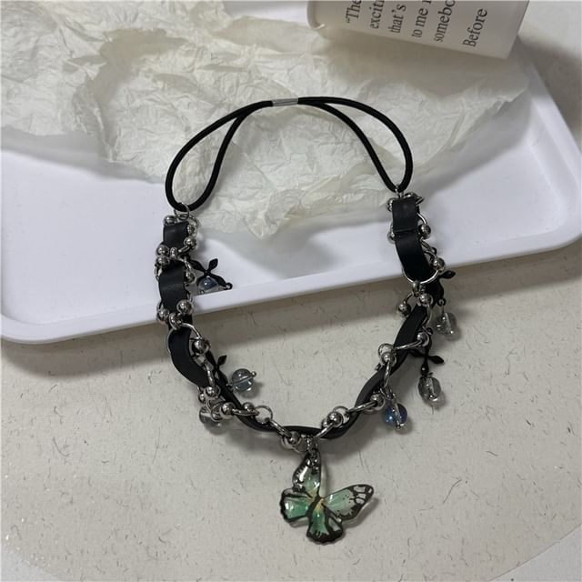 Crystal Butterfly Chain Thigh Faux Leather