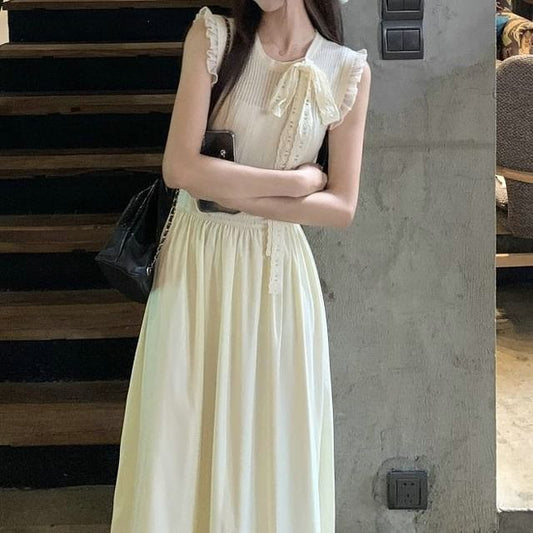 Midi A-Line Sleeveless Crewneck Plain Dress