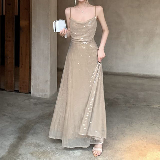 Sequin Maxi Spaghetti Strap Dress A-Line