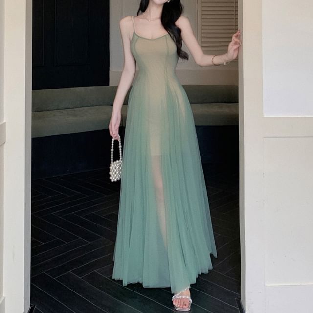 Strap Neck Scoop A-Line Spaghetti Sheer Dress Maxi