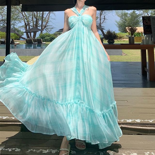 Neck Hem A-Line Dye Dress Tie Maxi Halter Ruffle