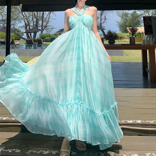 Neck Hem A-Line Dye Dress Tie Maxi Halter Ruffle