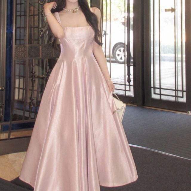 Strap Gown Spaghetti Plain Evening Neck Scoop A-Line