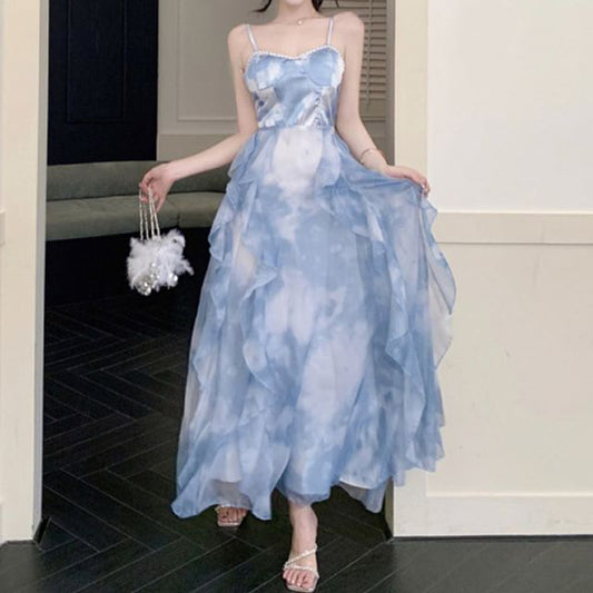 Spaghetti Tie Hem Ruffle Sun Chiffon Dress Dye Strap Maxi