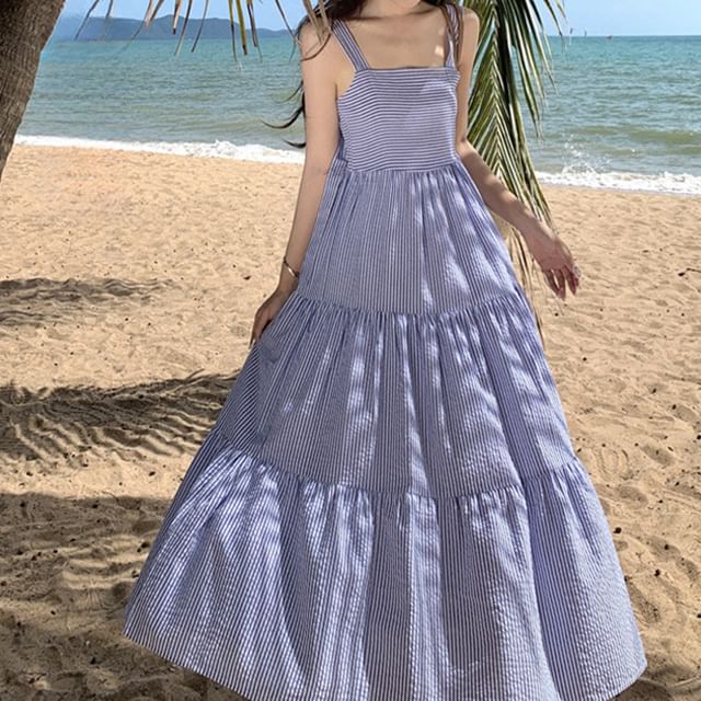 Neck Maxi Square Striped Dress Spaghetti Sun Strap Ruffle
