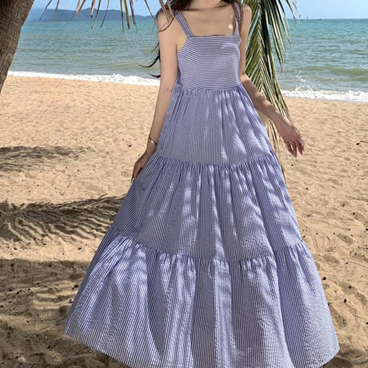 Neck Maxi Square Striped Dress Spaghetti Sun Strap Ruffle