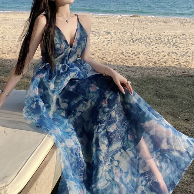 Print Dress Dye Tie Spaghetti A-Line V-Neck Strap Maxi