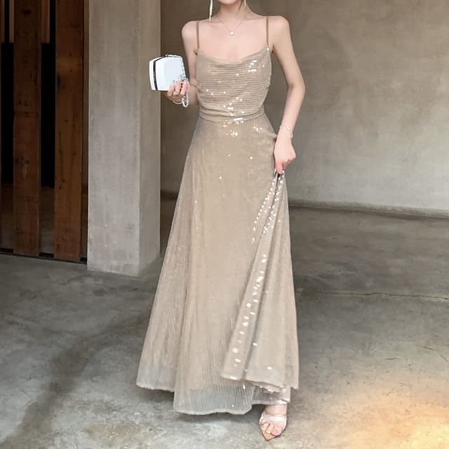 Sequin Maxi Spaghetti Strap Dress A-Line