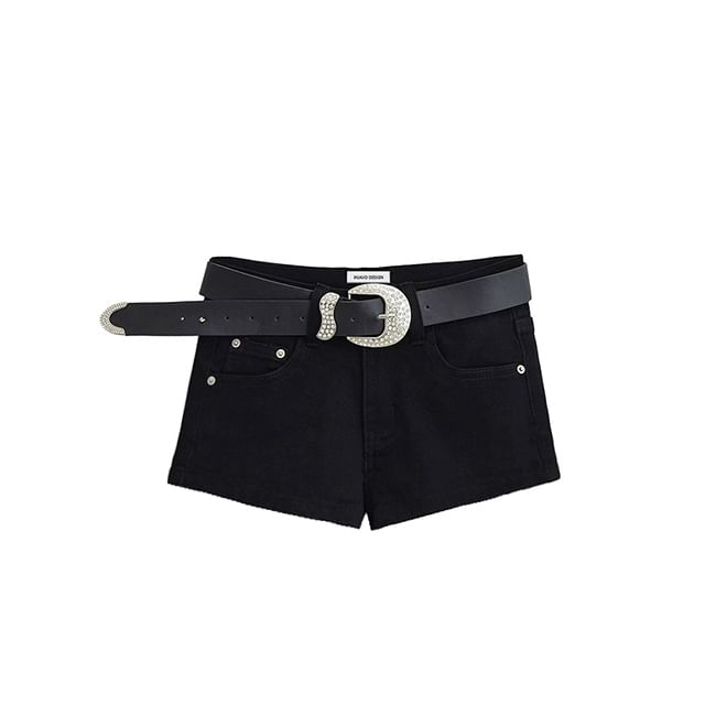 Set: High Waist Denim Shorts + Rhinestone Belt