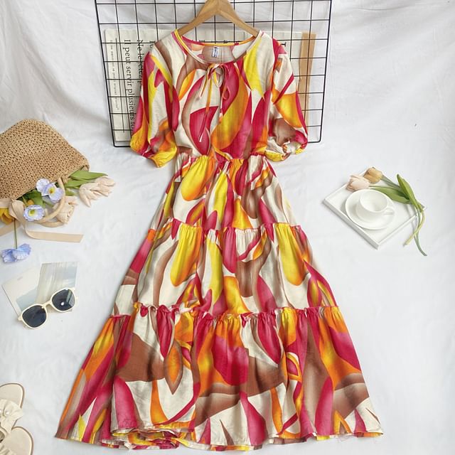 Short-Sleeve Round Neck Patterned Print Tiered Tie Front Midi A-Line Dress