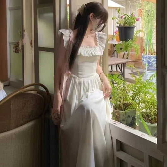 Square Neck Sleeveless Solid Ruffle A-Line Maxi Dress