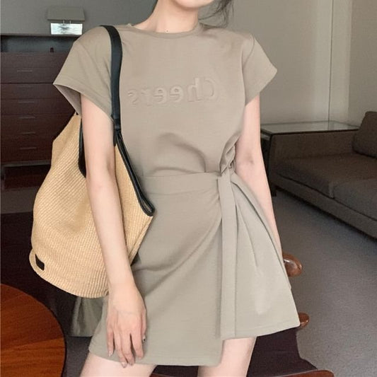 Short-Sleeve Crew A-Line Neck Dress Mini Embossed Piece Plain Mock Lettering Two