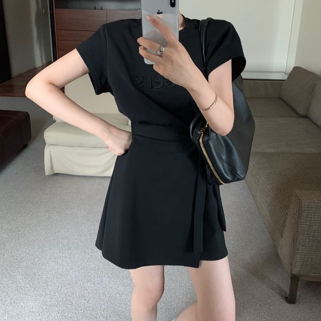 Short-Sleeve Crew A-Line Neck Dress Mini Embossed Piece Plain Mock Lettering Two