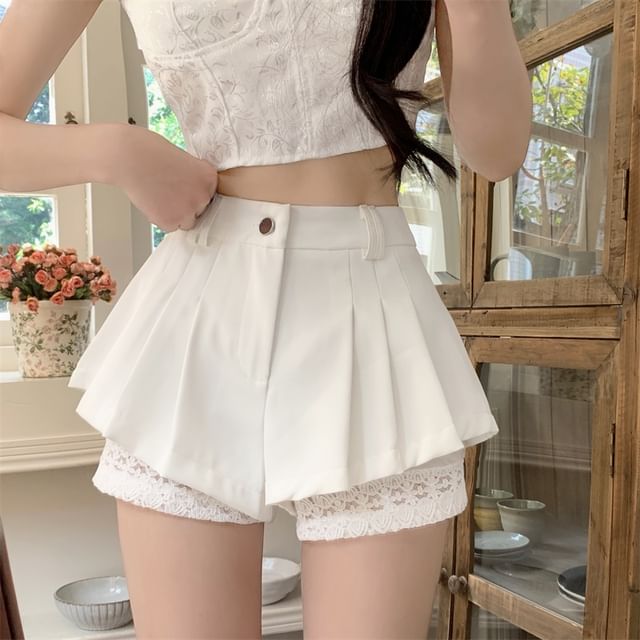 Panel High Pleated Waist Plain Shorts Lace