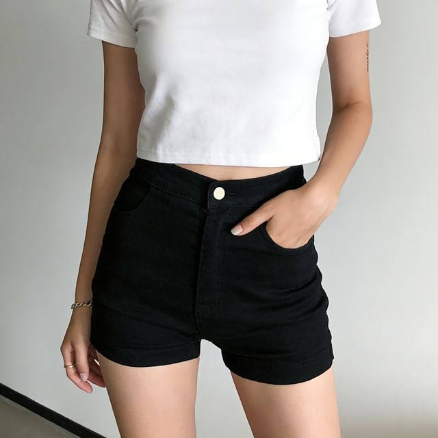 High Waist Plain Denim Shorts