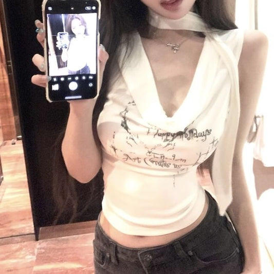 Neck Lettering Cowl Tank Crop Top Choker-Neck