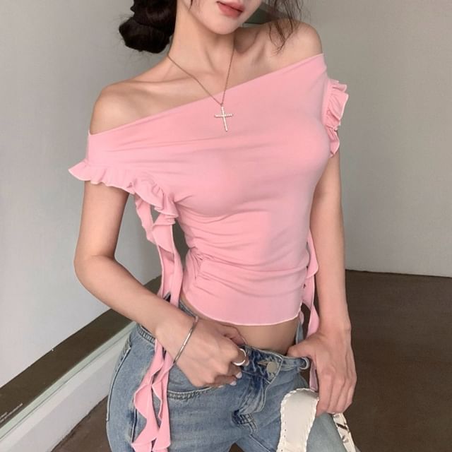 Off-Shoulder Plain Ruffled Crop T-Shirt